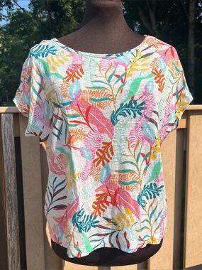 Cynthia Rowley 100% Linen Cap Sleeve Tropical Leaf Print Button Back Top Size S